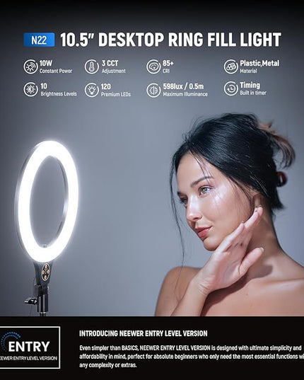 NEEWER Entry Level Version 10.5" Desk Ring Light with Stand/Phone Holder Compatible with iPhone/Remote, 10W CRI85+ LED Lighting for Streaming Recording Makeup Selfie Laptop Video Conference, N22