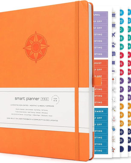 Smart Planner Pro – Undated Daily Planner – Large A4 – Achieve Goals & Increase Productivity with Weekly, Monthly, Work Sections - Organizer Diary with Back Pocket, 3 Satin Bookmarks & Pen Holder