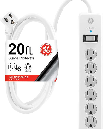 GE Surge Protector Power Strip, 20 Ft Extension Cord, 6 Outlet Extender, 800 Joules, Flat Plug, Twist-to-Close Safety Covers, ETL Listed, White, 50770