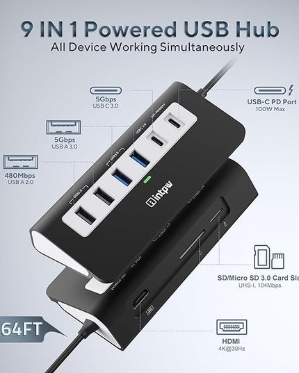 P9 USB C Hub, INTPW 9-in-1 USB Multiport Adapter with 4K HDMI, PD 100W, USB-C and 2 USB A 3.0 5Gbps, 2 USB A 2.0, SD/TF Card Reader, Aluminum Powered USB Hub for PC, iPhone 16/15 Series, MacBook, iPad