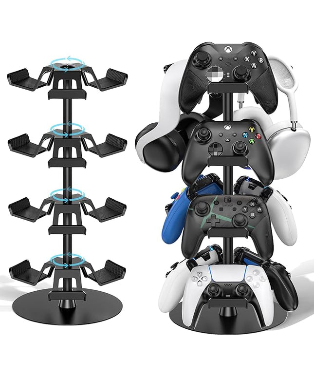 Headset Stand 4 Tiers for Desk, Rotatable Gaming Controller Stand for PS5/PS4/Xbox/Switch2/PS Portal/Phone, Universal PC Gamer Gift Accessory Controller/Headphone Holder for 12 Packs Controller