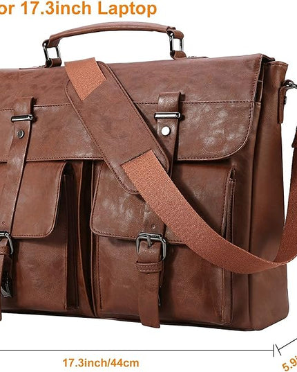 Seyfocnia Leather Messenger Bag for Men, Vintage Leather Laptop Bag Briefcase Satchel, 17.3 Inch Computer School Work Bag (Brown)
