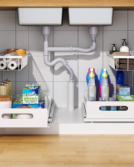 2 Pack Under Sink Organizer, 2 Tier Pull-Out Cabinet Storage Shelf, Rust-Resistant Metal Organizer for Kitchen Bathroom Laundry Room, No Tools Installation, White