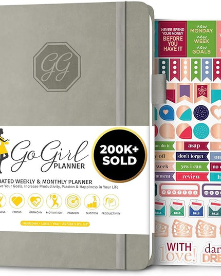 GoGirl Planner and Organizer for Women – A5 Size Weekly Planner, Goals Journal & Agenda to Improve Time Management, Productivity & Live Happier. Undated – Start Anytime, Lasts 1 Year – Gray
