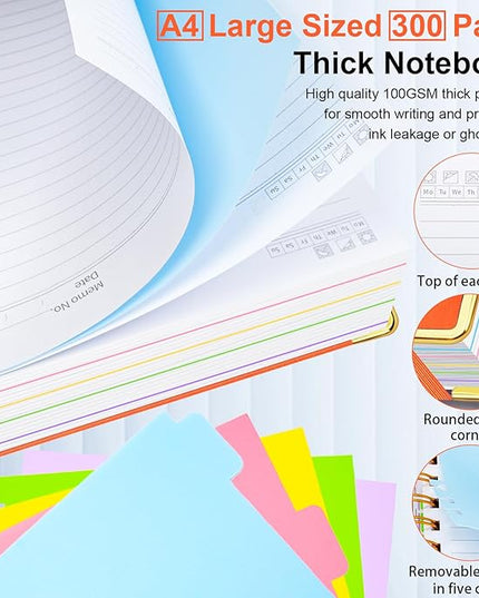 Hardcover Spiral Notebook 8.5"x11" Journal Notebook with Tabs and Removable Dividers 300 Pages 5 Subject Notebook College Ruled, Faux Leather Spiral Bound Notebook for Women School Work (Orange)