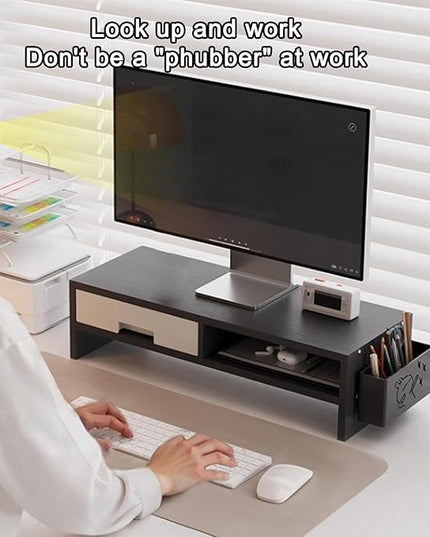 Computer Monitor Riser - Storage Drawer Stand, Stable Desk Organizer, Elevated Ergonomic Display Shelf | Functional Workstation Addition for Family Rooms Indoor Offices and Study Areas