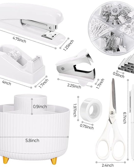 SKYDUE White Office Supplies Set, Office Desk Accessories 10PCS, Pencil Holder for Desk, Stapler, Tape Dispenser, Scissors, Ruler, Binder/Paper Clips and 1000pcs Staples,Desk Supplies Set
