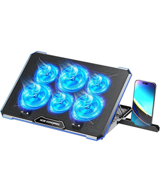 ICE COOREL Laptop Cooling Pad with 6 Cooling Fan, Laptop Cooler Fan with No Lights, Cooling pad for Laptop 15-17 Inches, Notebook Cooler Stand with 9 Height Adjustable, Cooler Pad for Lap or Desk Use