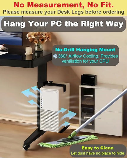 Under Desk PC Mount - No Drilling 40 lb Capacity, Computer Holder Under Table, Adjustable Height and Width, Clamp-on Leg PC Mount for Standing Desks (Fits 65mm×45mm Legs), with Non-Slip Pads, White