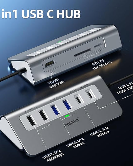 USB C Hub,Mosirui 9 in 1 USB C Hub Multiport Adapter with 4K HDMI,Type C 3.0 5Gbps,USB A 3.0/2.0,PD 100W, SD/TF Card Reader,USB C Dock for MacBook Pro/Air,iPad,iMac,iPhone,HP,Dell and More (3.3 Ft)