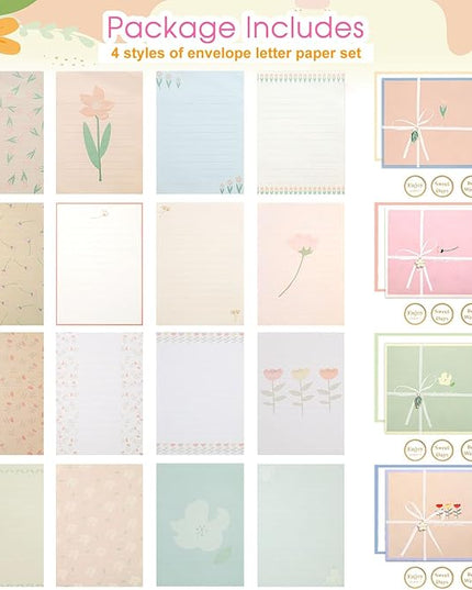 KSIWRE 48 PCS Stationery Paper and Envelopes Set,Cute Floral Stationary Set for Writing Letters,Double Sided Printing,Letter Writing Kit