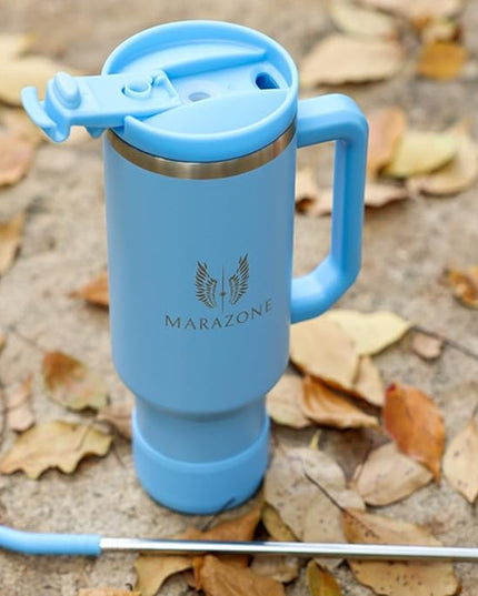 40 oz Insulated Tumbler with Handle and Straw – Stainless Steel Double Wall Vacuum Cup Fits Car Cup Holder, Hot Cold Travel Mug, BPA Free Reusable Water Bottle Gift for Women Men - Sky Blue
