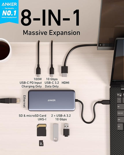 Anker USB C Hub with Ethernet, 8-in-1 Multiport Ethernet Adapter with 4K 60Hz HDMI Port, 85W Power Delivery, 10Gbps USB C and 2 A Data Ports, microSD SD Card Reader, for MacBook Pro/XPS/iPad and More