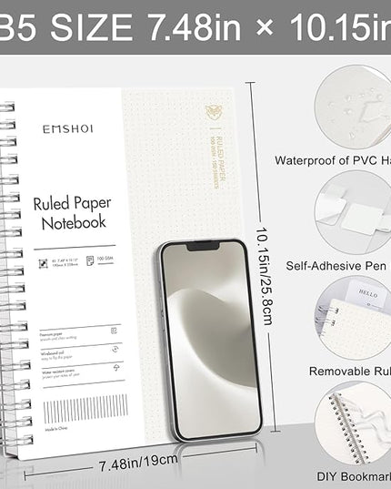EMSHOI Lined Spiral Journal Notebook, B5 College Ruled Notebook, 300 Pages/150 Sheets, 100gsm Acid-Free Paper, Waterproof Softcover Notebook for School, Work, Note Taking, 7.48" × 10.15" - Transparent