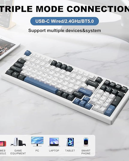 Wireless Mechanical Keyboard BT5.0/2.4GHz/USB, Multi-Color LED with 18+ Modes, Hot-Swappable Custom Keyboard, Red Creamy Switches, Gaming Keyboard for PC/Mac (Blue White)