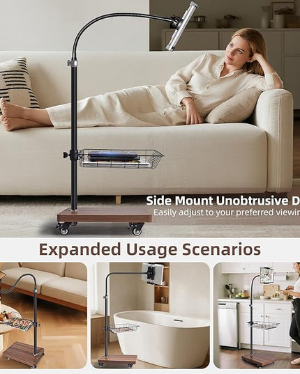 wishacc Adjustable Floor Tablet Stand with Rolling Base, Flexible Gooseneck Mount, Wood Platform, Mobile Device Holder for Indoor Use