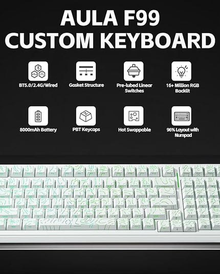 LEOBOG Aula Keyboard, F99 Wireless Mechanical Gaming Keyboards, Hot Swappable Custom Creamy RGB Backlit Computer Keyboard,BT5.0/2.4GHz/USB-C,Topographic Side-Printed Keycaps, Switch