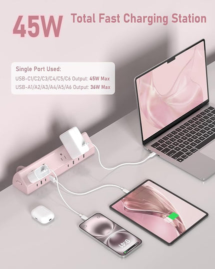 Jgstkcity Desk Clamp Power Strip,45W Fast Charging Station,4 USB-C,4 USB-A,1200J Surge Protector,ETL Listed,1875W Extension Cord,Multiple Outlets for Home, Office (Pink, 10 FT Cable)