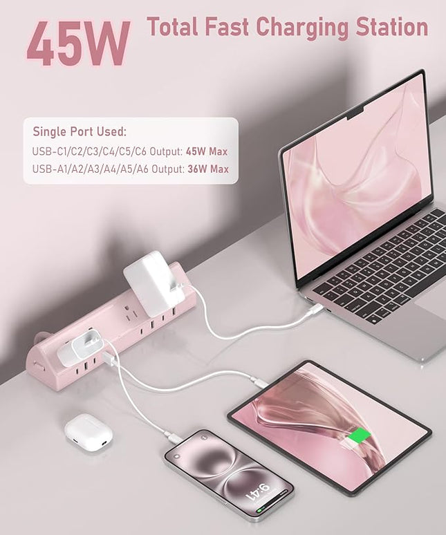 Jgstkcity Desk Clamp Power Strip,45W Fast Charging Station,4 USB-C,4 USB-A,1200J Surge Protector,ETL Listed,1875W Extension Cord,Multiple Outlets for Home, Office (Pink, 10 FT Cable)