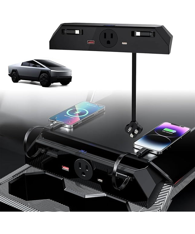 USB Charger Hub for Tesla Cybetruck with 110V AC Outlet & Retractable Cables - Seamless Integration, 30W PD/QC3.0 Fast Phone Charge, Center Console Docking Station Cybetruck Accessories (Black 1.0)