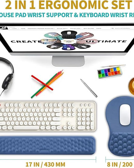 Hokafenle 2 in 1 Ergonomic Mouse Pad Wrist Support & Wrist Rest for Computer Keyboard Set, with Relieve Carpal Tunnel Pain Massage Bulge and Full Memory Gel Design (2In1 Set, Midnight Blue)