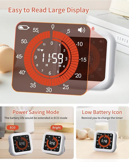 Digital Visual Timer - Max 11H 59M Rechargeable Countdown Timer with VA Display, Clear Digits, Adjustable Volume and Brightness, Magnetic Digital Timer for Kitchen, Classroom, Office (White)