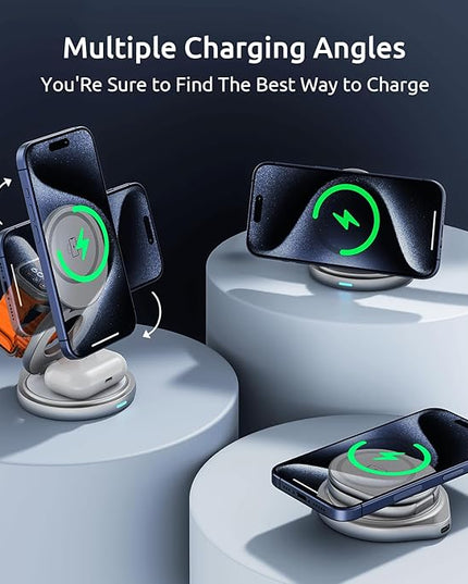 3 in 1 Charging Station for Apple Magsafe Travel Charger for Multiple Devices Aluminum Foldable Magnetic Wireless Charger with 360 Rotating for iPhone 17/16/15/14/13/12 Series,for iWatch,for Airpods
