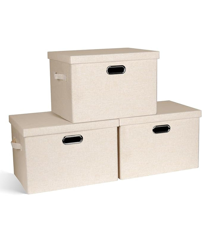 Large 17" 36 Quart Collapsible Stackable Storage Bins with Lids, 3 Packs Light Orange Linen Fabric Closet Boxes with Lids, Storage Cube Baskets Container Organizers for Office (17x12x11)