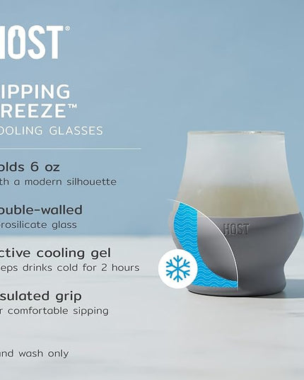 Host Glass Sipping FREEZE Insulated Drinking Glasses for Bourbon, Double Walled Glasses with Active Cooling Gel, Glass Cups Gray 6oz Set of 2