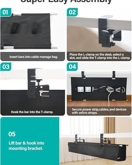 [Upgraded] 49.2" Under Desk Cable Management Tray, Orapoke Cable Management Under Desk No Drill, Large Fabric Cord Hider for Wire Organization, Cord Organizer Supports Up to 30lbs for Office, Home
