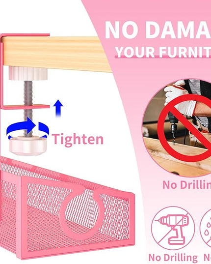 Under Desk Cable Management Tray Black, No Drill Desk Cable Wire Management Organizer with Clamp, PC Cord Organizer Accessories & Workspace for Office, Home（Pink）