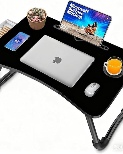 Fayquaze Laptop Bed Table, Portable Foldable Laptop Bed Desk with Storage Drawer and Cup Holder, Lap Desk Lap Stand Tray Table Floor Table Serving Tray for Eating, Reading and Working