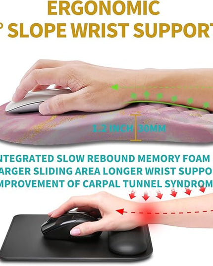 Hokafenle Ergonomic Mouse Pad Wrist Support, Wrist Rest Mousepad for Carpal Tunnel Pain Relief with Integrated Memory Foam Slope Massage Bulge (11.8x7.9 inch,Pink Gold Marble