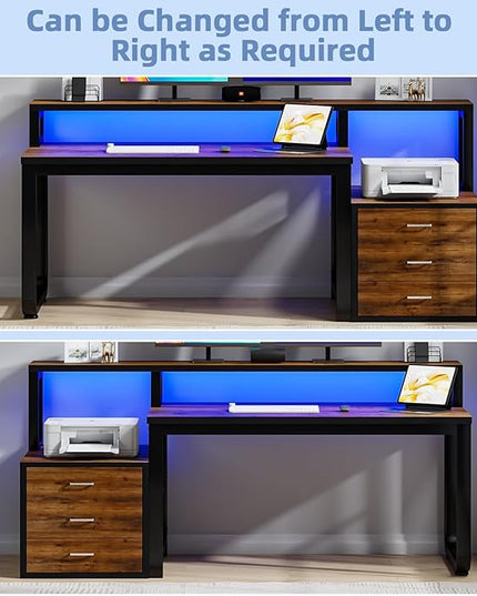 Computer Desk with Storage Drawers, 67 Inch Wooden Office Desk with Long Monitor Stand&Printer Shelf, Reversible Long Desk with LED Lights for Bedroom, Escritorios para Computadoras, Black and Walnut