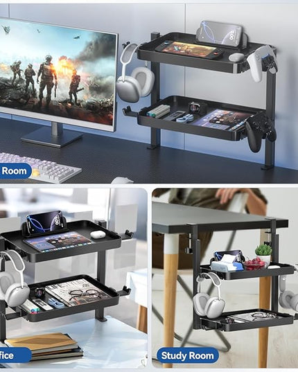 KDD Clamp On Desk Organizer - Adjustable 2-Tier Above or Under Desk Shelves with Large Capacity Tray, Phone & Tablet Holder, Headphone Hook - No Drilling Desktop Storage for Office & Home Accessories