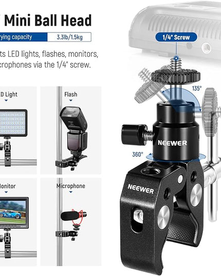 NEEWER Mini Articulated Ball Head with Crab Clip Mic Holder with 1/4" to 5/8" Thread, Compatible with SmallRig Camera Cage and Microphones, Support up to 3.3 lbs