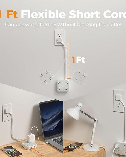 TESSAN Short Extension Cord, 1 Ft Ring Pull Surge Protector Power Strip with Multiple Outlets, 3 USB (1 USB C) 4 Outlets, 900J Surge Protection, Desktop Charging Station for Home, Office, Dorm Room