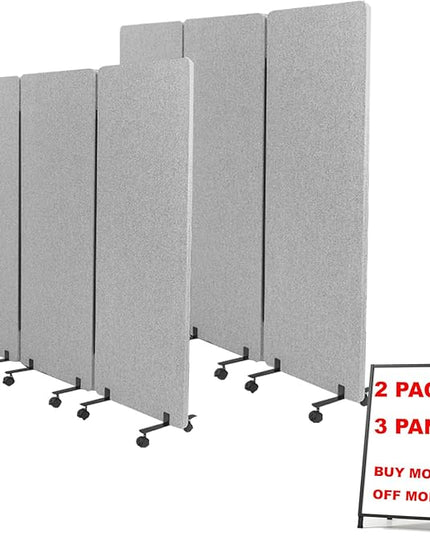 Soundproof Room Divider W/Wheels, 66in Office Dividers for Sound Proofing & Reducing, Sound Proof Dividers for Office Partitions Portable Acoustic Wall Divider (Cool Grey, 3 Panel+3 Panel)