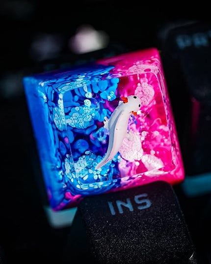 Cute Axolotl in Pink and Blue Ocean Coral Artisan Keycap R1 SA Profile Custom Animal Keycaps 1U ESC Handmade Gaming Resin Key Cap Cherry MX Switch Compatible Mechanical Keyboard Axolotl Lover Gift