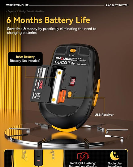 Wireless Mouse (Bluetooth & 2.4GHz USB) with Forward/Backward Side Keys, Silent Click, Ergonomic Portable AA Battery Mice for Laptop/Mac/iPad - Office & Travel Use, Yellow & Black