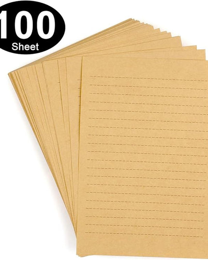 CenterZ 100pcs Vintage Kraft Stationary Paper 8.3 x 11.5 inch, A4 Sheets 120gsm Printable Lined Stationery Writing Letter Papers Bulk Set for Personalized Letters, Creative Poems, Lyrics, Office Notes