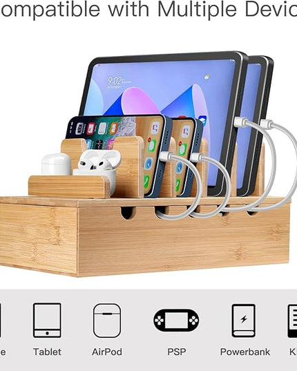 Bamboo Charging Station for Multiple Devices, Cell Phone Docking Charging Station Organizer, Nightstand Bedside Desk Device Charger Organizer for Laptop, Tablets and iPads