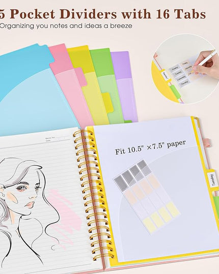 Hardcover Large Spiral Notebook 8.5" x 11" with Removable Dividers Tabs, 300 pages Leather 5 Subject Notebook College Ruled, A4 Journal for Women Men, Notebooks for Work School Note taking, Pink