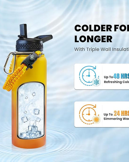 Insulated Water Bottle 40 oz, Triple Wall Vacuum Stainless Steel (Cold for 48 Hrs), Leak Proof & Non-BPA, Modern Water Flask Jug with Paracord Handle & Straw Spout Lids, Ombre Orange