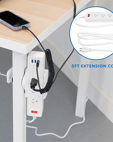 Mount-It! Power Strip Holder Clamp Desk Mount with Included Surge Protector | White Desktop Power Outlet with 3 USB Ports and 3 AC Power Outlets | Adjustable Power Strip Clamp Mount