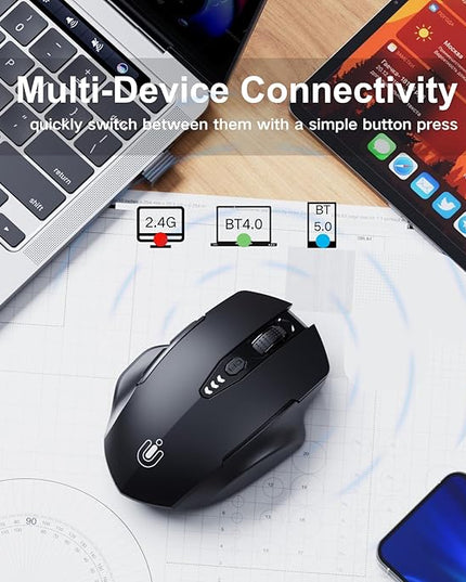 Uineer Wireless Bluetooth Mouse,[Upgraded] Rechargeable (BT 5.0/4.0+2.4G Hz),Computer Mouse with Visible Battery Level, 4 Adjustable DPI, Portable PC Mouse for MacBook Chromebook,Black