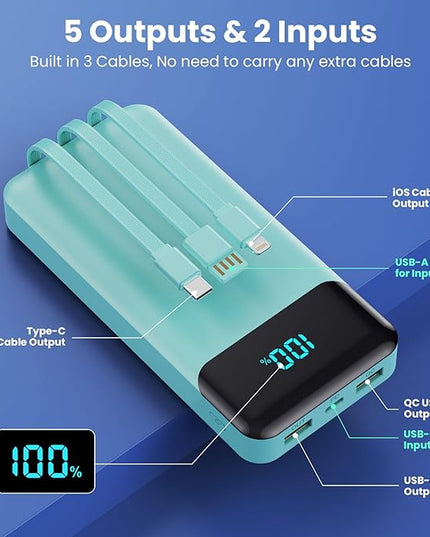 Portable Charger 40800mAh Power Bank with 3 Built-in Cables,PD 25W USB C in&Out Power Bank Fast Phone Charging,QC4.0 5 Outputs Travel Camping Essential Battery Pack for iPhone 17/16,Samsung etc-Green