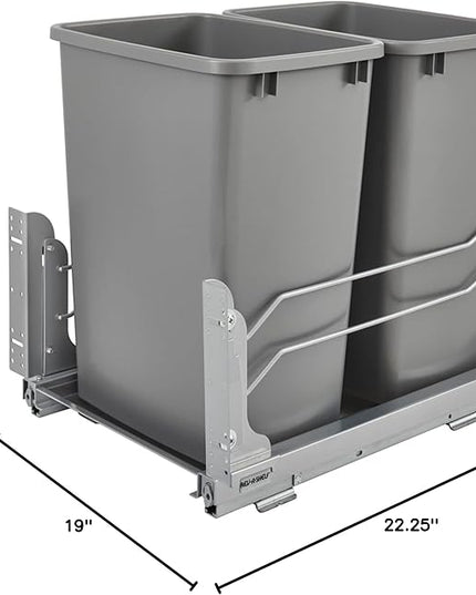 Rev-A-Shelf Double Pullout for Under Kitchen Cabinets 35 Quart 8.75 Gallon with Soft-Close Slides, Metallic Silver, 53WC-1835SCDM-217