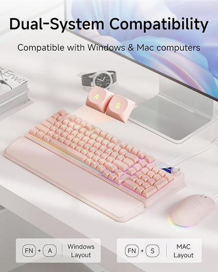 C98 Wired Keyboard and Mouse Combo, Wired Computer Keyboards with Wrist Palm, Double-Shot Keycaps, Silent RGB Backlight Keyboard for Windows/MAC/PC (Creamy Pink)