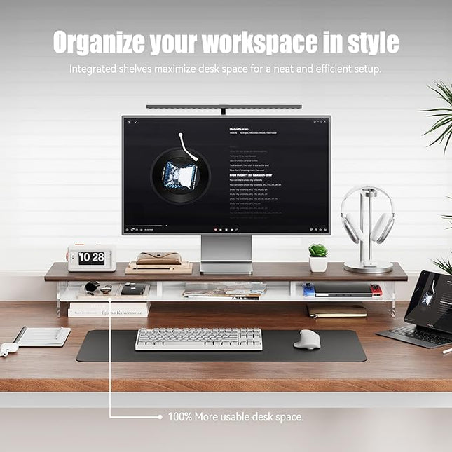 Dual‑Tier Monitor Stand for Modern Desk Setup – Minimalist Wooden and Metal Riser Shelf with Transparent Acrylic Feet for Dual Monitors, Laptops, Home Office Aesthetic，Brown and White